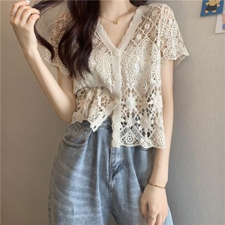 Milyfashion เสื้อเชิ้ตแขนสั้น คอวี ผ้าลูกไม้ แบบโปร่ง ออกแบบดี เหมาะกับฤดูร้อน สไตล์ฝรั่งเศส สําหรับผู้หญิง