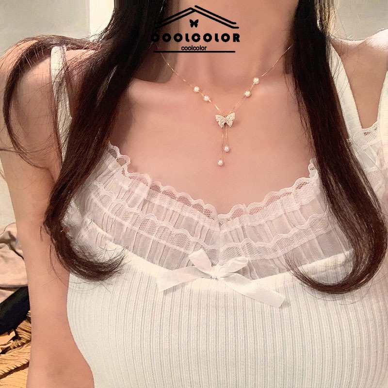 ในไทย สร้อยคอจี้ผีเสื้อประดับไข่มุกพู่เครื่องประดับสําหรับผู้หญิงเสน่ห์COD