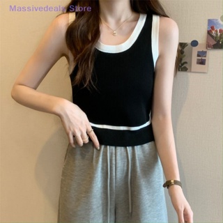 Massivedeals เสื้อสายเดี่ยว แขนกุด ผ้าถัก สีตัดกัน เรียบง่าย แฟชั่นฤดูร้อน สําหรับผู้หญิง