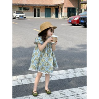 Korean childrens wear girls floral dress summer Western style baby girls pastoral blue skirt lace short pants skirt VAJX