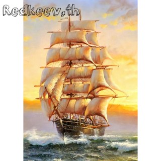 Redkeev™ Sailboat ชุดงานจิตรกรรมเม็ดบีด ทรงเพชรกลม 5D DIY รูปเรือใบ สําหรับตกแต่งบ้าน