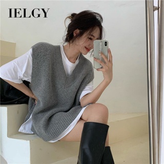 Ielgy เสื้อกันหนาว คอวี แขนกุด ผ้าถัก ทรงหลวม สไตล์เกาหลี แฟชั่นฤดูใบไม้ร่วง สําหรับผู้หญิง