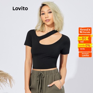 Lovito เสื้อยืดครอป แต่งตัดเว้า แบบเรียบ สไตล์ลำลอง L22ED029 (สีดำ)