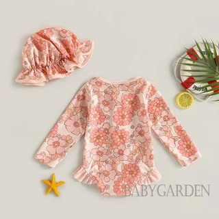 【ส่งจากไทย】 6m-3y ชุดว่ายน้ํา แขนยาว พิมพ์ลายสตรอเบอร์รี่ + หมวกกันแดด สําหรับเด็กผู้หญิง