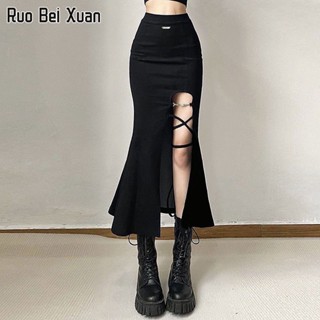 RUO BEI XAUN กระโปรงยาวสตรีแฟชั่นเกาหลีผ่าเอวสูงกระโปรงนางเงือกเซ็กซี่