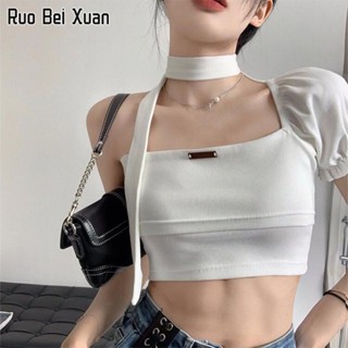 RUO BEI XAUN เสื้อยืดคอกลมผู้หญิง 2023 ฤดูร้อนใหม่สีทึบเซ็กซี่เกาะอกเสื้อสั้นบาง