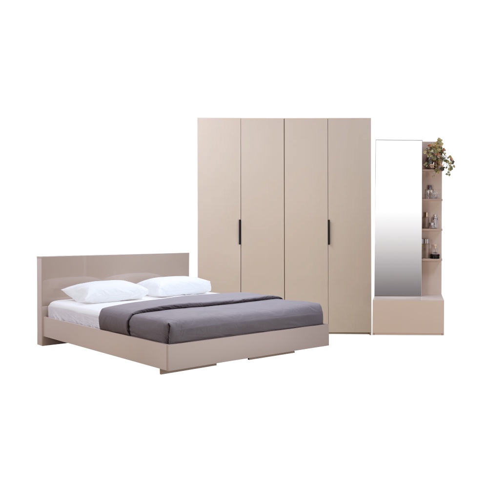 INDEX LIVING MALL ชุดห้องนอน รุ่นแมสซิโม่+แมกซี่ ขนาด 6 ฟุต (เตียงนอน(พื้นเตียงซี่), ตู้เสื้อผ้า 4 บาน, โต๊ะเครื่องแป้ง) - สีหินทราย