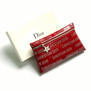 Dior กระเป๋าเครื่องสําอาง กระเป๋าหนัง ประดับหมุด สีแดง