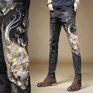 Spot high quality] embroidered jeans mens autumn Chinese style trousers high-end embroidered denim trousers tide brand stretch trousers slim personality pattern trend small leg trousers