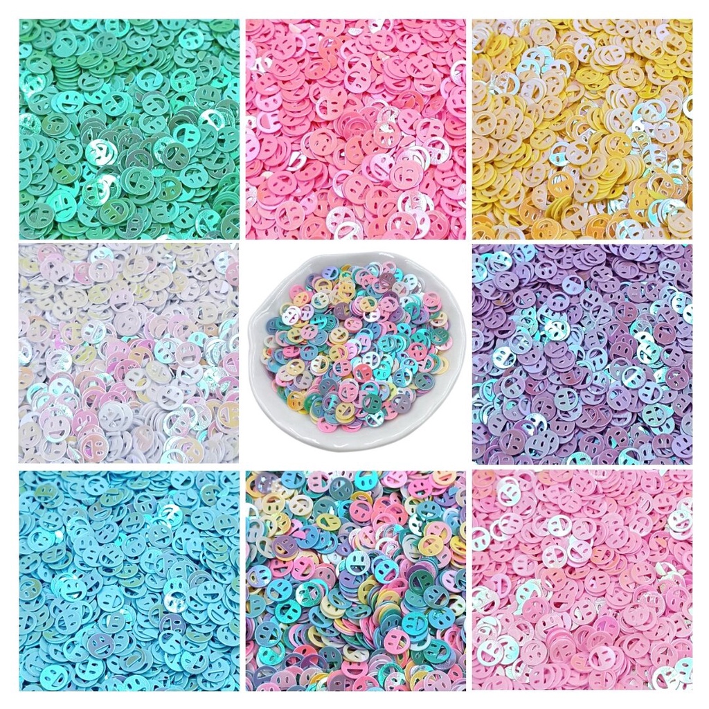 แผ่นลูกปัดเลื่อม PVC รูปหน้ายิ้ม แบบกลวง 7 มม. 1000 ชิ้น