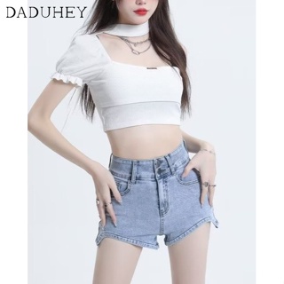 DaDuHey🎈 Denim Shorts Womens High Waist A- line Wide Leg Pants Summer Frayed Thin Slimming Korean Style Straight Jeans