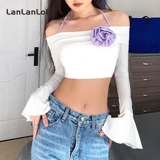 Lanlanlolo เสื้อยืดลําลอง แขนยาว เปิดไหล่ ทรงสลิมฟิต สีพื้น สําหรับสตรี 2023