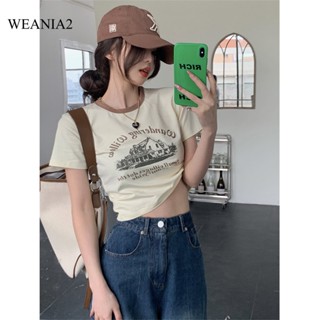 Weania-2 เสื้อยืดแขนสั้น คอกลม พิมพ์ลายตัวอักษร สไตล์อเมริกัน สําหรับผู้หญิง