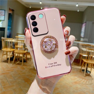 6D เคส VIVO V27E V27 Pro V27 ป้องกันเลนส์หรูหราซิลิโคนอ่อนเคสโทรศัพท์พร้อมที่วางขาตั้งเพชร