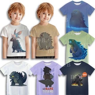 เสื้อยืดแขนสั้น พิมพ์ลายการ์ตูน Godzilla ทรงหลวม ระบายอากาศได้ดี เหมาะกับของขวัญวันเกิด แฟชั่นฤดูร้อน สําหรับเด็ก