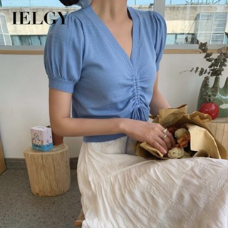 IELGY เสื้อครอปท็อป แขนสั้น ผ้าถัก ทรงหลวม