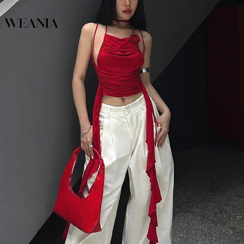 (สต็อกท้องถิ่น) Weania เสื้อกล้าม คอจับจีบ ลายดอกไม้ เซ็กซี่ สําหรับผู้หญิง