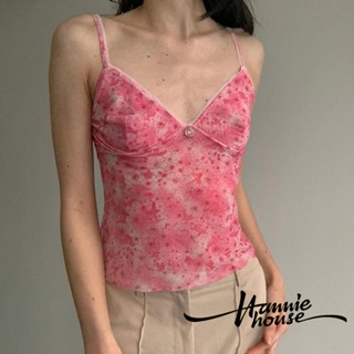 Hannie- เสื้อครอปท็อป คอวี ซีทรู พิมพ์ลายดอกไม้ สําหรับผู้หญิง