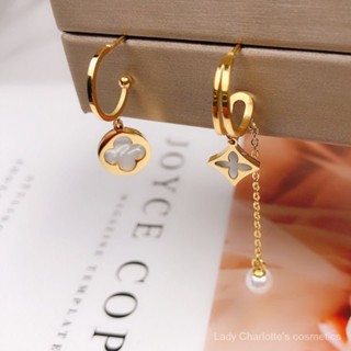 [0516]YWYX-BC Valentines Day Girlfriend Gift Best Friend Entry Lux Four-Leaf Clover Shell Titanium Steel Earrings Female Asymmetric Gold Thin Effect Earrings Pearl Pendant Earring