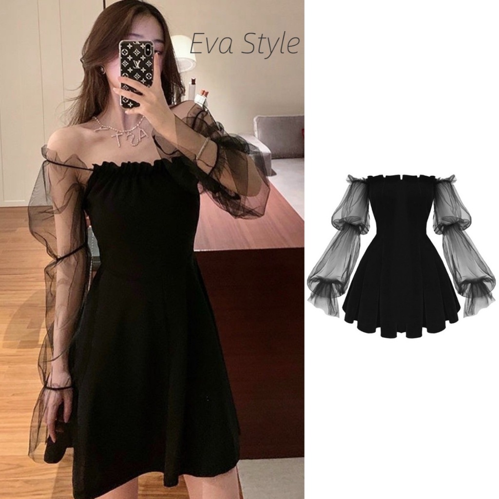 Eva Style🍒พร้อมส่ง✨COD เอวเซ็กซี่เอวบางชุดไหล่เดียว เชุดเดรสสีดำแขนยาว ชุดเดรสแขนพัฟสีดำ ปิดไหล่