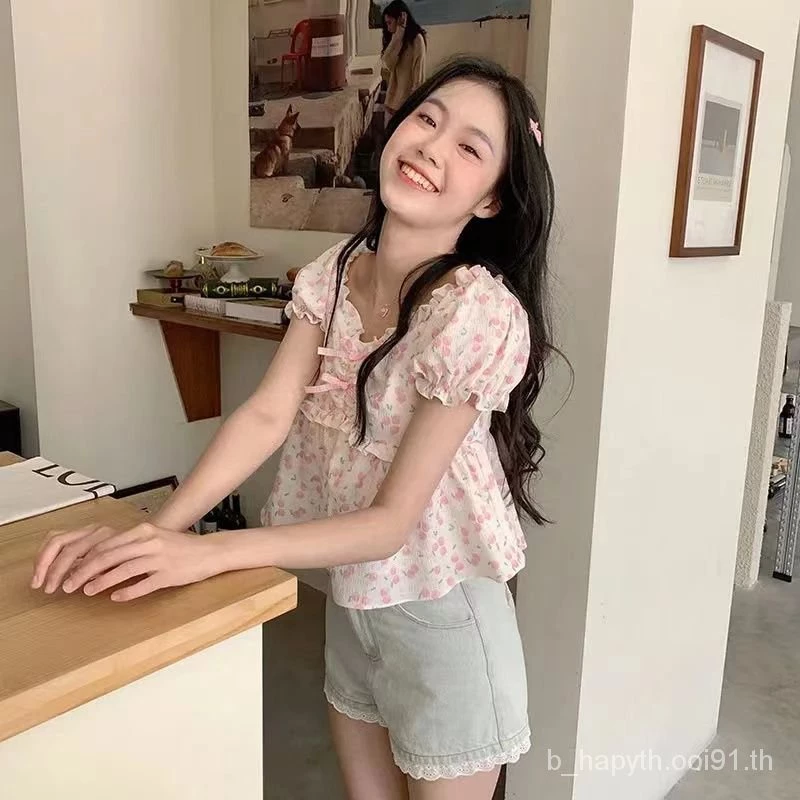 เสื้อแขนพองลายดอกไม้ผูกโบว์เอวสั้น สไตล์ญี่ปุ่น SL9784 thumbnail 5