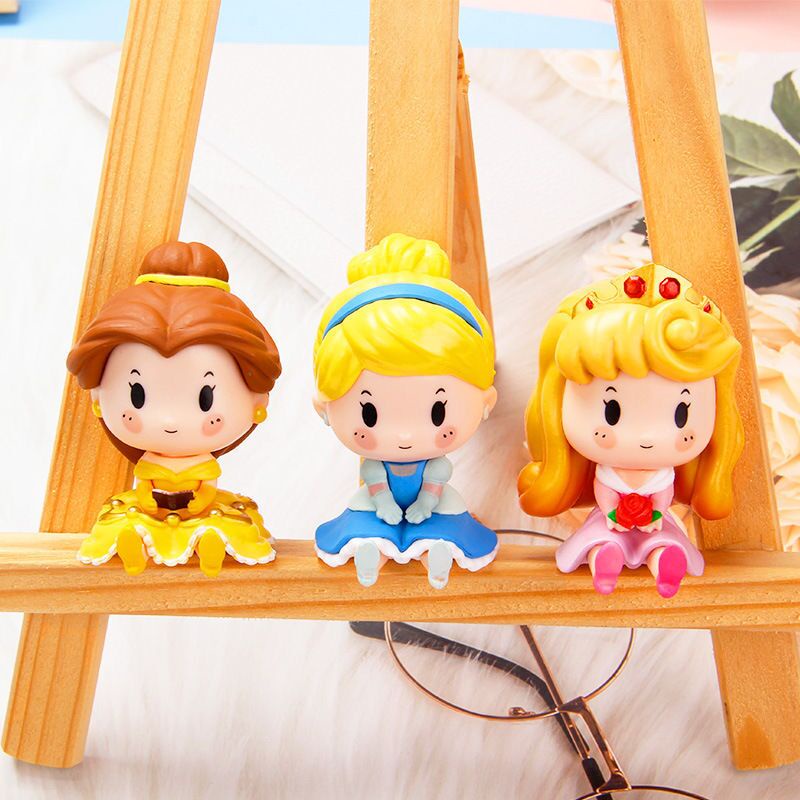 โมเดลตุ๊กตาฟิกเกอร์ PVC เจ้าหญิงดิสนีย์ Q Version Snow White Cinderella Ariel Bella Aurora สําหรับตกแต่งเค้ก 6 ชิ้น ต่อชุด