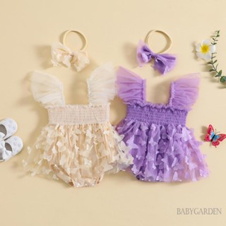 Babygarden-3-24 เดือน ชุดรอมเปอร์ เด็กผู้หญิง แต่งผีเสื้อ แขนบิน Ruched ตาข่าย ชายเสื้อ เสื้อผ้าเด็ก พร้อมที่คาดผม