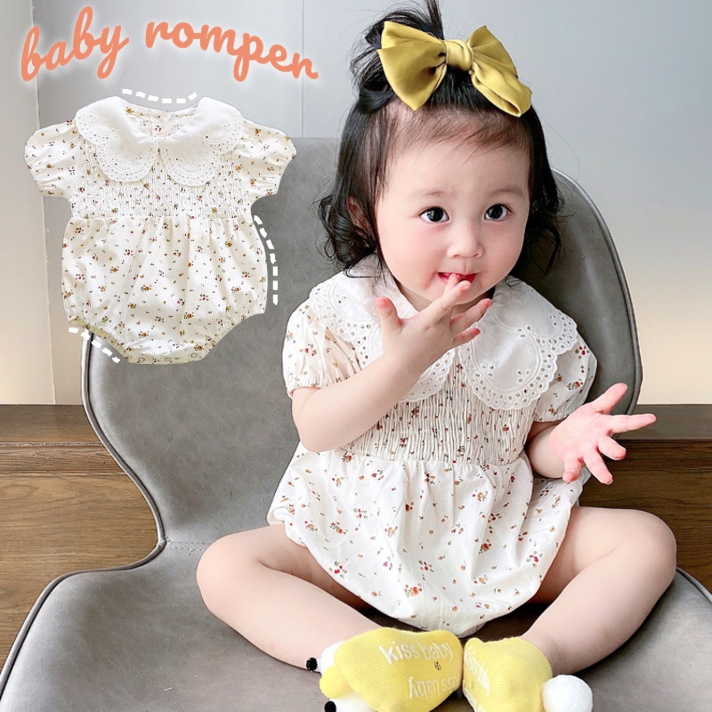 Flm ชุดรอมเปอร์ แขนสั้น คอปก ลูกไม้ กลวง ลายดอกไม้ หวานแหวว ฤดูร้อน สําหรับเด็กทารกแรกเกิด เด็กผู้หญ