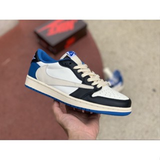 Travis Scott x Fragment x AJ1 Low OG SP “Military Blue” รองเท้าเทรนนิ่ง Fujiwara Hiroshi Barb Lightning