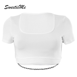 Sweeticme เสื้อยืดครอป แขนสั้น คอยู แต่งสายโซ่ สีพื้น เข้ากับทุกการแต่งกาย แฟชั่นสําหรับผู้หญิง 2023