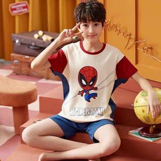 Summer new short-sleeved pure cotton childrens pajamas Childrens Cute Spiderman Cartoon Home Clothes