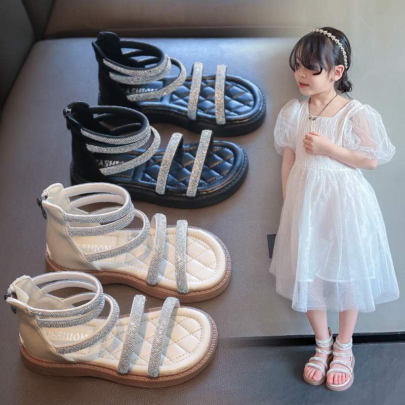 มีสไตล์ Shining Rhinestones สาว Gladiator รองเท้าแตะโรมันซิปนุ่มสบาย Anti-slippery รองเท้าเด็ก 3-18 