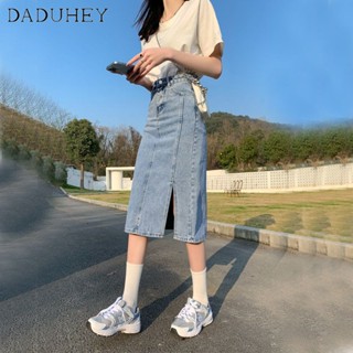 DaDuHey🎈 2023 New Summer Korean Style Denim Skirt Womens Mid-Length Straight Skirt High Waist Slit A- line Sheath Skirt