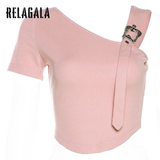 Relagala ใหม่ เสื้อยืด คอปก แขนสั้น เข้ารูป สีพื้น สไตล์สตรีท แฟชั่นสําหรับผู้หญิง 2023