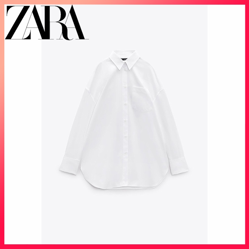 Zara ใหม่ TRF เสื้อเชิ้ตแขนยาว คอปก ทรงหลวม สีขาว สําหรับผู้หญิง