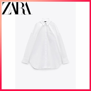 Zara ใหม่ TRF เสื้อเชิ้ตแขนยาว คอปก ทรงหลวม สีขาว สําหรับผู้หญิง