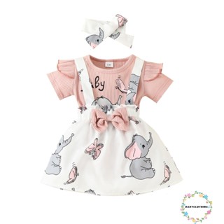 Babyclothes- ชุดรอมเปอร์ แขนสั้น พิมพ์ลายตัวอักษร ช้าง พร้อมสายเอี๊ยม กระโปรง ที่คาดผม สําหรับเด็กผู้หญิง 3 ชิ้น