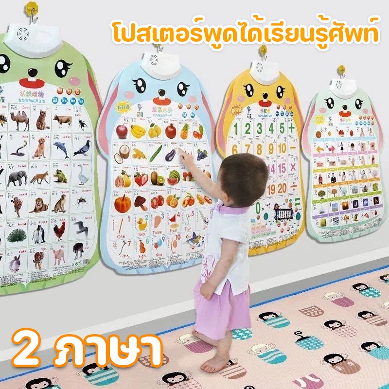พร้อมส่ง โปสเตอร์คำศัพท์ 2 ภาษา แถมฟรีที่แขวนติดผนัง ของเล่นเด็กโปสเตอร์พูดได้ โปสเตอร์เสริมการเรียนรู้