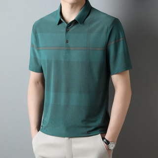 Spot striped POLO shirt for mens middle-aged dad wears a new middle-aged short-sleeved T-shirt mercerized cotton Tee ice-cold blouse business casual half-sleeved lapel Paul shirt for boys