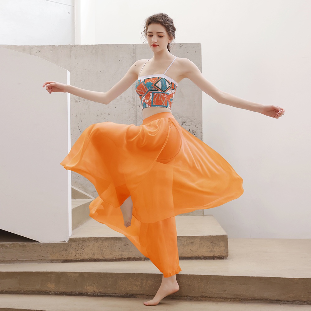 ชุดเสื้อแขนกุด และกางเกง ผ้าชีฟอง สไตล์คลาสสิก สองชิ้น สําหรับผู้หญิง ใส่เต้นรํา เล่นโยคะ พิลาทิส