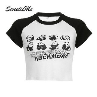 Sweeticme ใหม่ เสื้อยืดครอป คอกลม พิมพ์ลายแพนด้า สีตัดกัน แฟชั่นสําหรับสตรี 2023