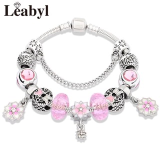 Leabyl สร้อยข้อมือ และกําไลข้อมือ ลูกปัดคริสตัล รูปผีเสื้อ ดอกไม้ สีชมพู DIY