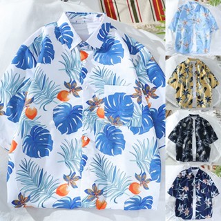 พร้อมส่ง เสื้อยืดลําลอง แขนสั้น พิมพ์ลายสับปะรด ดอกไม้ ใบไม้ ทรงหลวม สําหรับผู้ชาย