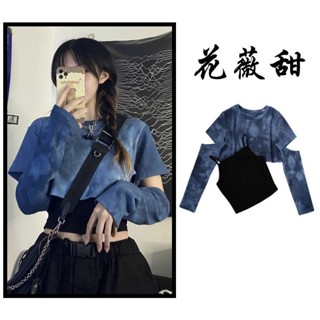 เสื้อยืดแขนยาวลําลอง คอกลม เอวลอย สีส้ม แฟชั่นฤดูร้อน สําหรับสตรี 2023