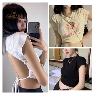 Kans เสื้อครอปท็อป คอกลม แขนสั้น พิมพ์ลาย สไตล์อเมริกัน เรโทร ฤดูร้อน สําหรับผู้หญิง TH