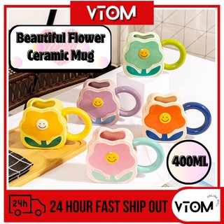 VTOM 400ml Flower Mug Cute Cup Glass Straw Tea Cup Ceramic Coffee Mugs Doorgift Cawan Comel Hadiah Birthday 陶瓷玻璃杯子可爱 Ins