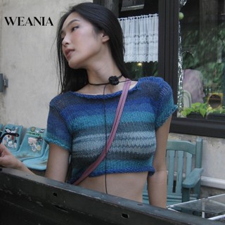 Weania เสื้อครอปท็อป แขนสั้น ผ้าถัก ลายทาง ไล่โทนสี สําหรับผู้หญิง