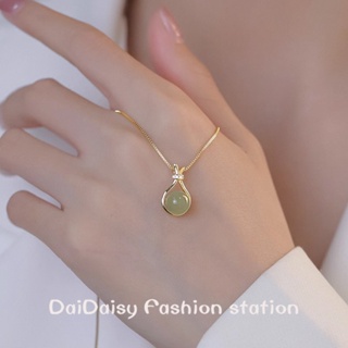 Daidaisy √♥ สร้อยคอโซ่เหล็กไทเทเนียม จี้หยก สไตล์จีน หรูหรา ไม่จางหาย สําหรับผู้หญิง