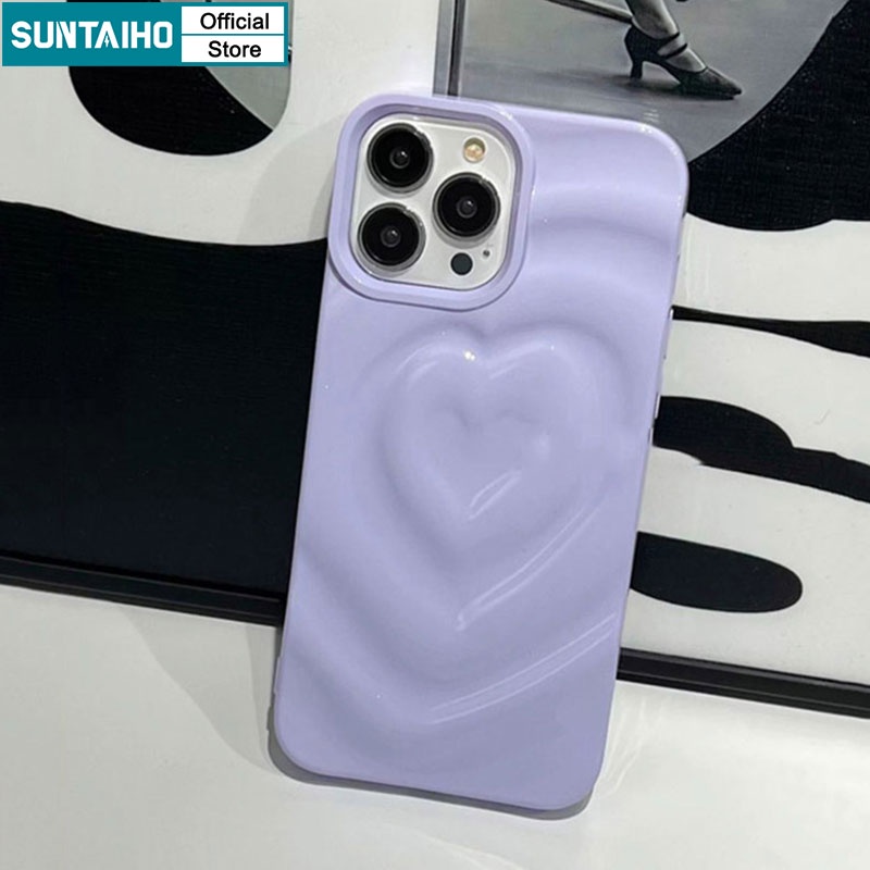 SUNTAIHO เคสโทรศัพท์มือถือ ซิลิโคนนิ่ม กันลื่น ลายหัวใจน่ารัก สีม่วง สีแคนดี้ สําหรับ Iphone 11 14 Pro max 12 13 Promax 7 8 Plus XR XS max