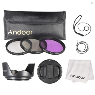 (adspth)Andoer ชุดฟิลเตอร์ 49 มม. (UV+CPL+FLD) + กระเป๋าไนล่อน + ฝาปิดเลนส์ + ที่ใส่ฝาปิดเลนส์ + ฮู้ดเลนส์ + ผ้าทําความสะอาดเลนส์